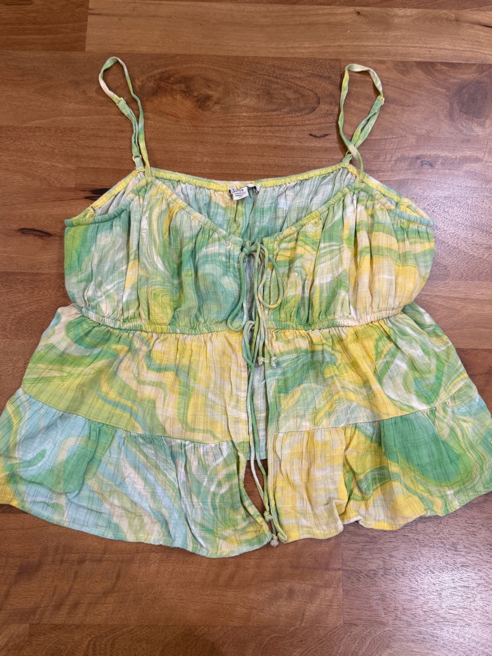 American Eagle Outfitters Green & Yellow Tie-Front Tiered Cami Top Size Large